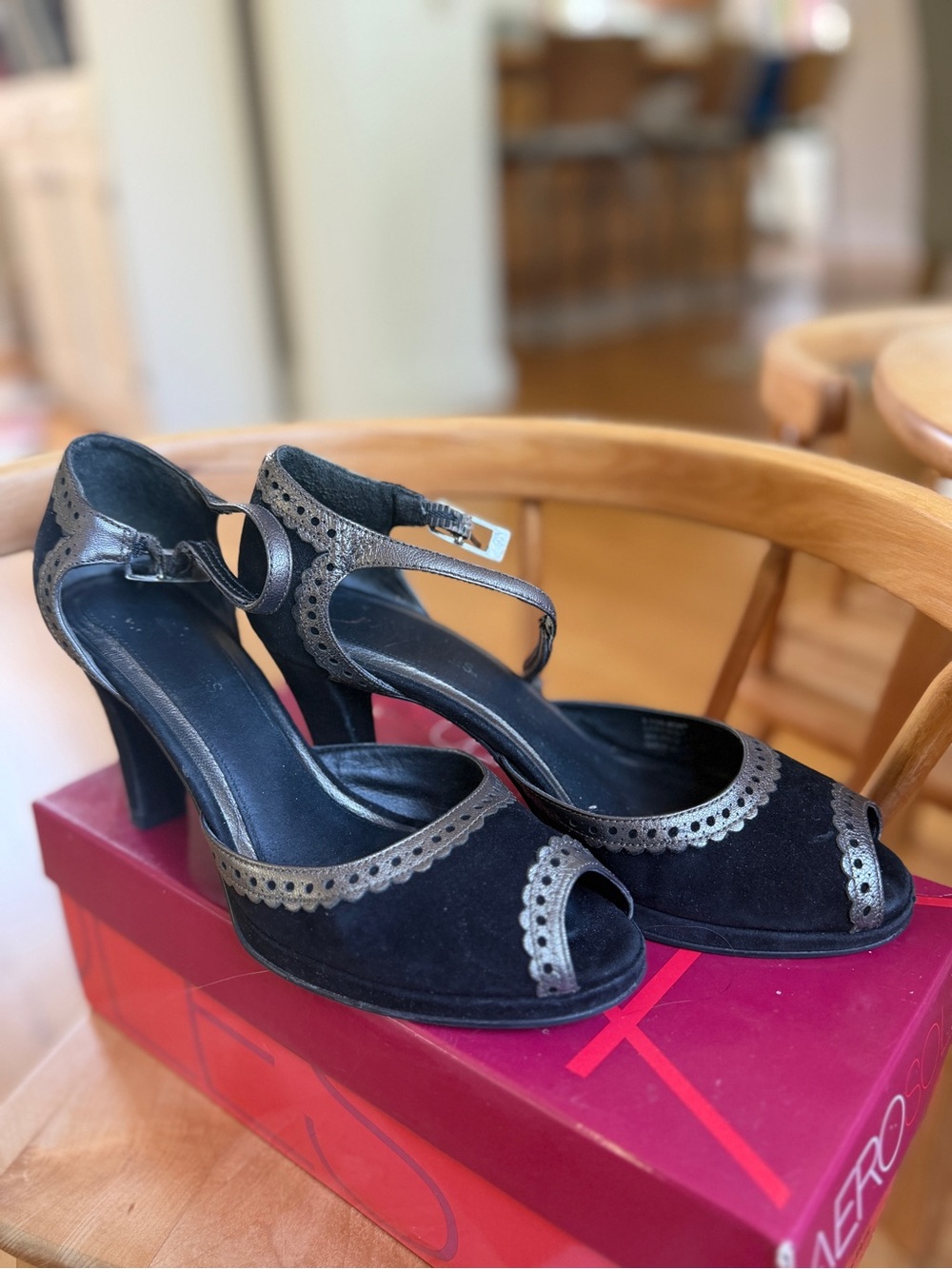AEROSOLES Black Suede Peep-Toe Heels with Metallic Silver Trim